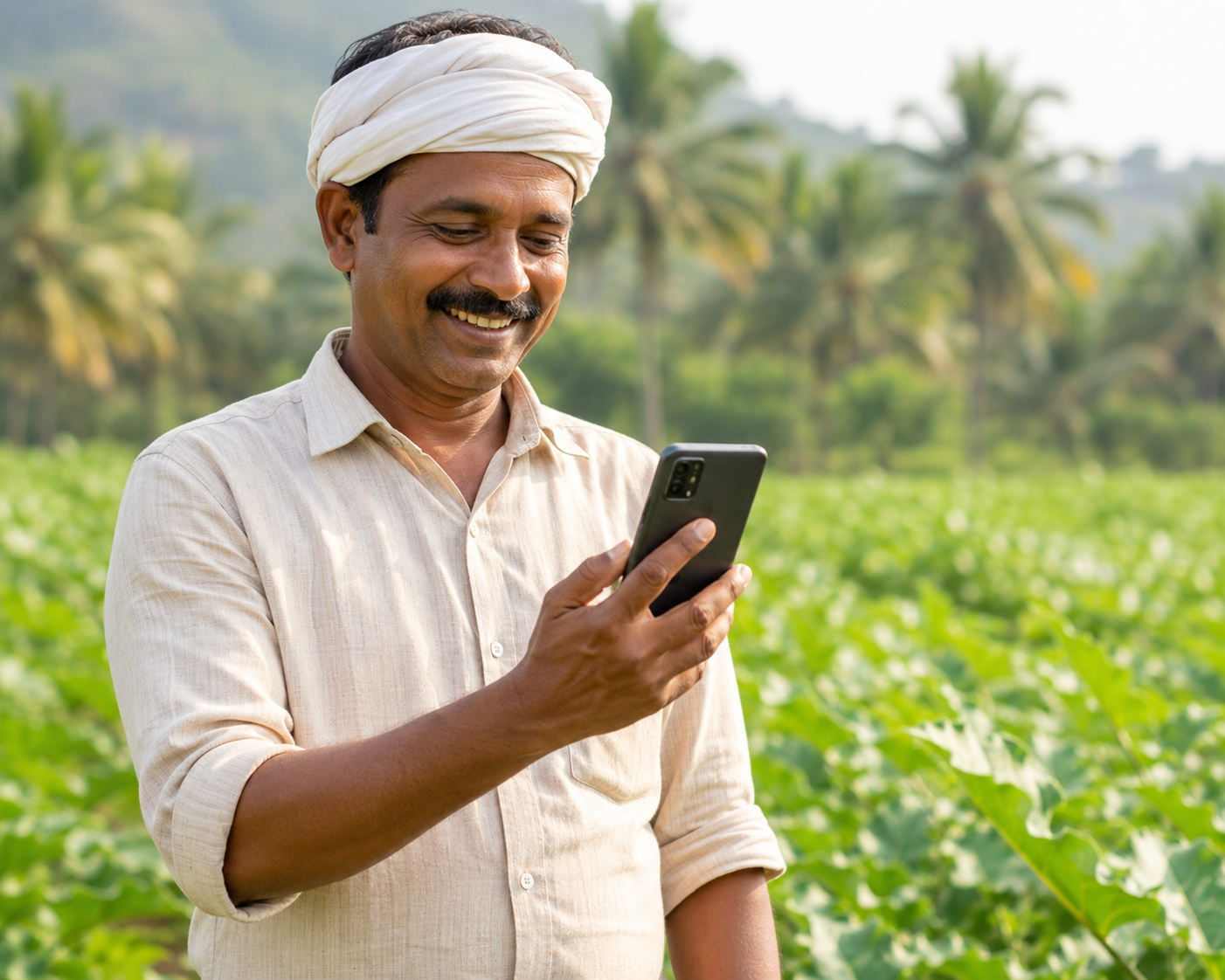 Kerala Farmer smiling in a paddy farm with smartphone